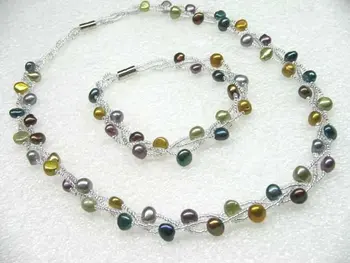 Veľkoobchod 3line multicolor sladkovodné perlový náhrdelník náramok sada magnetických lasp doprava zadarmo