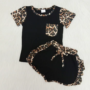Veľkoobchod, Baby, Dievčatá Módne Pevné Vrecku Krátky Rukáv Oblečenie Leopard Nohavice Deti, Dojčenská Deti Boutique Roztomilé Dieťa