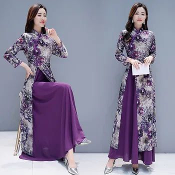 Veľkosť M-4XL2019 jar nové dámske šaty módne Slim národnej vietor cheongsam fialové šaty vysoko kvalitný elegantný vestido