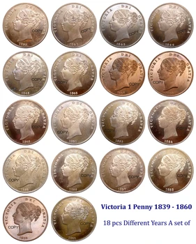 Veľká Británia Victoria 1 Cent 1839 - 1860 18 ks Rôznych Rokoch sada Červená Meď Kópiu Mince