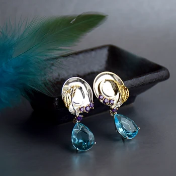 Veľké Svetlo Modrá Zirconia Drop Náušnice Striebro pozlátené Šperky Waterdrop Kameň Šperky, Dlhé náušnice pre Ženy