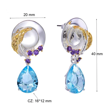 Veľké Svetlo Modrá Zirconia Drop Náušnice Striebro pozlátené Šperky Waterdrop Kameň Šperky, Dlhé náušnice pre Ženy