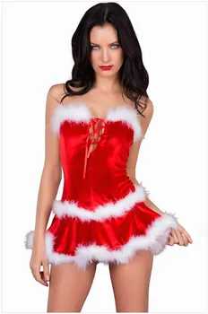 Vianočné cosplay sexy kostýmy Red Tube Top bez Rukávov Výrez Späť Pracky Santa Claus maškarný Fantasias erotická bielizeň