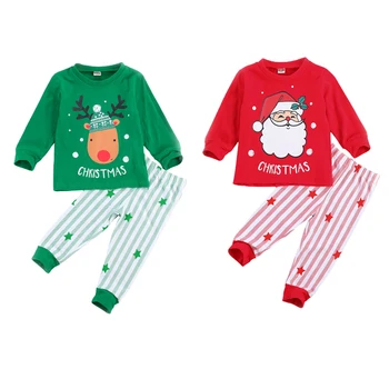 Vianočné Dieťa Novonarodené Deti Chlapci Dievčatá Pajama Sady Cartoon Dlhý Rukáv Pulóver Topy Pruhované Nohavice Sleepwear Dieťa Vianočné Oblečenie