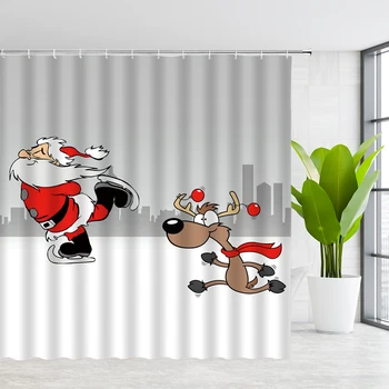 Vianočné Sprchový Záves Cartoon Santa Claus, Soby Zime Sneh Vtipné Scény Festival Nový Rok Deti Kúpeľňa Látky Opony Nastaviť