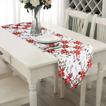 Vianočné Vyšívané Stôl Runner, Luxusné Holly Poinsettia Stôl Runner pre Vianočné Dekorácie, 15 x 70 Palec