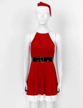 Vianočné Šaty Dámske Dospelých Vianoce, Santa Kostým Sexy Cosplay Vianočné Zamatové Šaty Maškarný Party Outfit s Klobúk Pásu