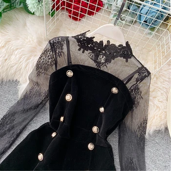 Vianočný večierok čiernej čipky šaty retro british vyhovovali žena, priehľadnej sieťoviny čipky tričko a velvet jumpsuit dve dielna sada 2019