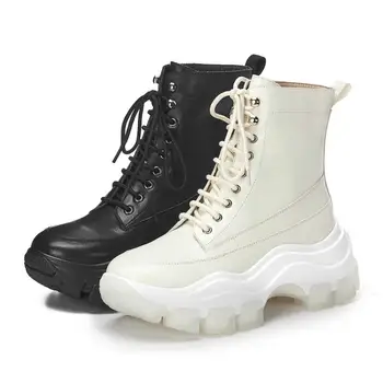Vichelo Horúce nové high street fashion originálne kožené topánky na vysokom opätku hrubé dno zime teplé ženy čipky útulný členková obuv L12