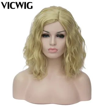 VICWIG Kučeravé Cosplay Parochne pre Ženy Krátke Modrá fialová Ružová Zelená Zlatá Žltá bočnej Strany Tepelne Odolné Vlákna Syntetické Vlasy