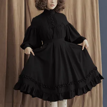 Vintage Elagant ženy šaty v gotickom štýle svietidla Dlhý Rukáv Voľné Stojan Golier, Čipka Svietidla Rukáv Roztomilý Malý lolita Šaty