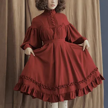 Vintage Elagant ženy šaty v gotickom štýle svietidla Dlhý Rukáv Voľné Stojan Golier, Čipka Svietidla Rukáv Roztomilý Malý lolita Šaty