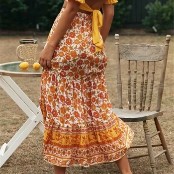 Vintage elegantné letné módy Hippies, ženy žltá kvetinový páva vytlačené pláži České Maxi sukne Dámske rayon Boho Sukne