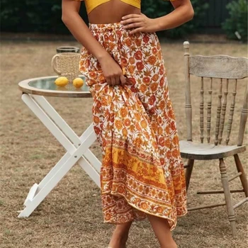 Vintage elegantné letné módy Hippies, ženy žltá kvetinový páva vytlačené pláži České Maxi sukne Dámske rayon Boho Sukne