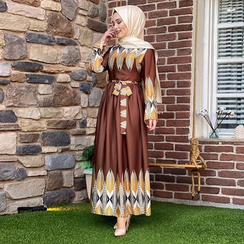 Vintage Etnickej Tlače Moslimské Oblečenie Kávy Elegantný Dlhý Rukáv Marocký Kaftan Šaty pre Ženy Osmanského Turecka arabský Odev 2020