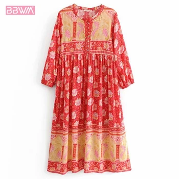 Vintage etnických vietor prímorské pláže cestovné červená fialová dlhý rukáv ženské šaty 2019 letnú dovolenku tlač dámske šaty
