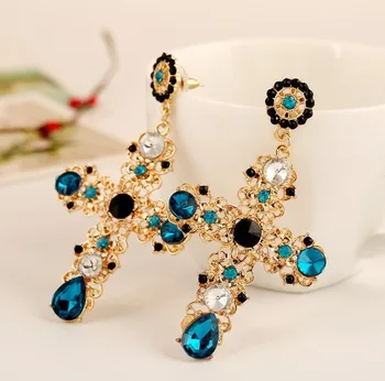 Vintage Farebné Crystal Cross Drop Náušnice pre Ženy Barokovom Štýle Veľké Náušnice Klasické Šperky