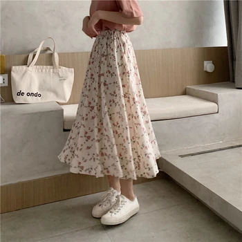 Vintage Kvetinový Tlač-line Skladaný Dlhé Sukne Lete Ženy kórejský Sukne Streetwear Elastické Šnúrkou Pás Midi Sukne