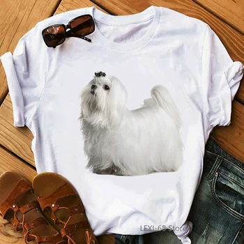 Vintage maltézsky psík portrét t shirt ženy harajuku roztomilý top pes, milovník najlepšími priateľmi darček tričko letné oblečenie žien t-shirt