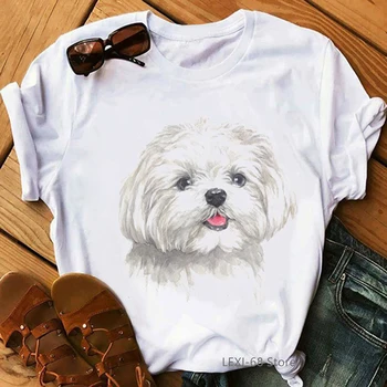Vintage maltézsky psík portrét t shirt ženy harajuku roztomilý top pes, milovník najlepšími priateľmi darček tričko letné oblečenie žien t-shirt