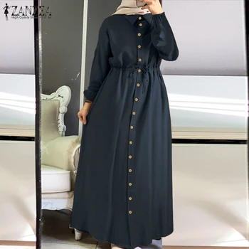 Vintage Moslimských Tričko Oblečenie dámske Lístkového Rukáv Sundress ZANZEA 2021 Bežné Šnúrkou Maxi Vestidos Žena Tlačidlo Šaty Plus Veľkosť
