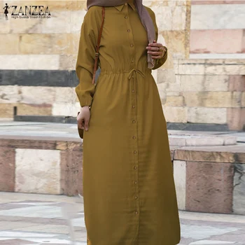 Vintage Moslimských Tričko Oblečenie dámske Lístkového Rukáv Sundress ZANZEA 2021 Bežné Šnúrkou Maxi Vestidos Žena Tlačidlo Šaty Plus Veľkosť