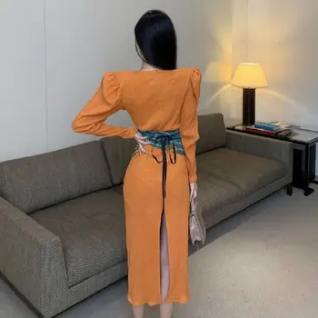 Vintage Orange japonsko Šaty s Pásom tlač zimné velvet Dlho-Line v Split Pás koreň štýl Šaty Žien Vestidos obväz šaty