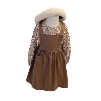 Vintage Podväzkové šaty+ Dlhým Rukávom, Bavlna Dievča Kvetinový Tričko Nastaviť pre Nový Štýl pre Jesenné a Zimné dievča nastaviť