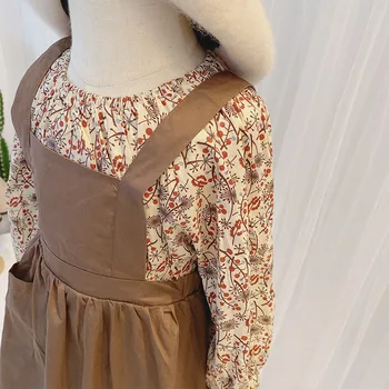 Vintage Podväzkové šaty+ Dlhým Rukávom, Bavlna Dievča Kvetinový Tričko Nastaviť pre Nový Štýl pre Jesenné a Zimné dievča nastaviť