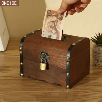 Vintage prasiatko, drevené ručne vyrobené uzamykateľné detí mince box, veľká-kapacita papierové peniaze a mince,Trezor úsporu peňazí box