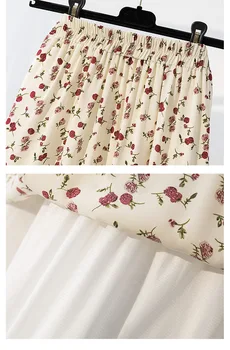 Vintage Rose Kvetinový Tlač Prehrabať Skladaný Dlhé Sukne Ženy kórejský Sukne Streetwear Elastické Šnúrkou Pás Midi Sukne M-4XL