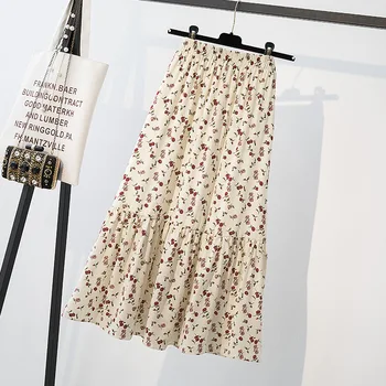 Vintage Rose Kvetinový Tlač Prehrabať Skladaný Dlhé Sukne Ženy kórejský Sukne Streetwear Elastické Šnúrkou Pás Midi Sukne M-4XL