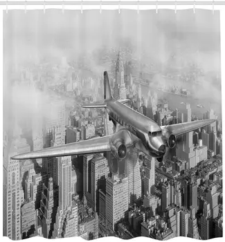 Vintage Sprchový Záves Nostalgické zo Dňa Lietadlo, ktoré Letí Nad Mrakodrapov v New Yorku Mestského Života, Kúpeľňa Decor Set s Háčikmi