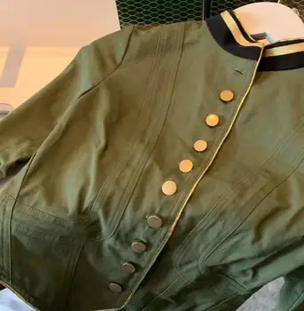 Vintage stojan golier Army Zelená Slim single-breasted bunda ženy