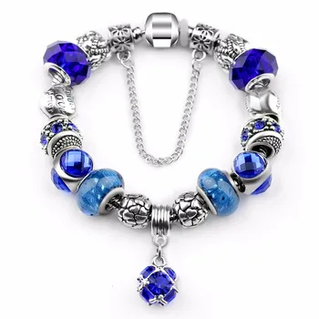 Vintage Striebra, Pozlátený Náramok Pre Ženy, Blue Crystal Charms Náramky Diy Perličiek Šperky Pulseira