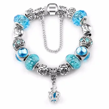 Vintage Striebra, Pozlátený Náramok Pre Ženy, Blue Crystal Charms Náramky Diy Perličiek Šperky Pulseira