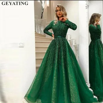 Vintage Čipky Zelená Dubaj Večerné Šaty 2020 Elegantné Dlhé Rukávy Arabské Moslimské Prom Šaty, Lištovanie Crystal Formálnej Strany Plášte