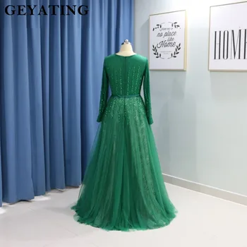 Vintage Čipky Zelená Dubaj Večerné Šaty 2020 Elegantné Dlhé Rukávy Arabské Moslimské Prom Šaty, Lištovanie Crystal Formálnej Strany Plášte