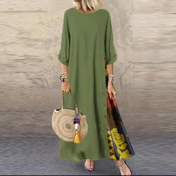 Vintage Šaty, Šitie dámskych Maxi Sundress 2020 Bežné 3/4 Rukávom Letné Vestidos Žena O Krk Kvetinové Šaty Plus Veľkosť