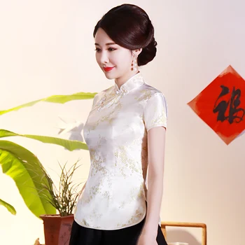 Vintage Štíhle Ženy Lete Business Tričko Nadrozmerná 3XL 4XL Tlač na Kvetinový Saténová Blúzka Vintage Oblečenie Čínsky Štýl Tang Topy