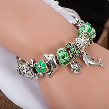 VIOVIA Jemné Korálky Šperky, Strieborné Farba Dolphin Perličiek Green Crystal Kúzlo Náramky Pre Ženy Pôvodné DIY Šperky, Darčeky B16060