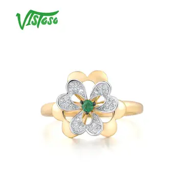 VISTOSO Zlatý Prsteň Pre Ženu Čistý 14K 585 Žlté Zlato Prírodné Emerald Iskrivý Diamant Jemné Kvetinové Módne Party Jemné Šperky