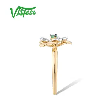 VISTOSO Zlatý Prsteň Pre Ženu Čistý 14K 585 Žlté Zlato Prírodné Emerald Iskrivý Diamant Jemné Kvetinové Módne Party Jemné Šperky