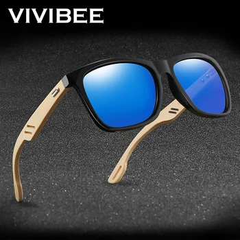 VIVIBEE Bambusu slnečné Okuliare Mužov Námestie Štýl Zrkadlo Modré Šošovky, Slnečné Okuliare Ženy 2020 Retro UV400 Muž Okuliare