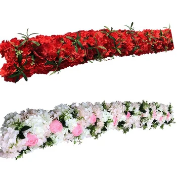 Vlastné 1M/2M umelý kvet riadok tabuľky runner red rose maku na svadbu, výzdoba pozadie arch zelené listy party dekorácie