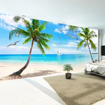 Vlastné 3D Fotografie Tapety Seascape Seagull Coconut Tree Beach Nástenné Maľby Obývacia Izba, Spálňa Reštaurácia nástenná maľba Abstraktných De Parede