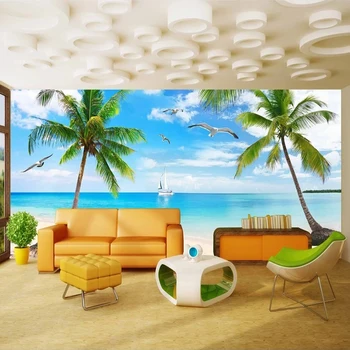 Vlastné 3D Fotografie Tapety Seascape Seagull Coconut Tree Beach Nástenné Maľby Obývacia Izba, Spálňa Reštaurácia nástenná maľba Abstraktných De Parede