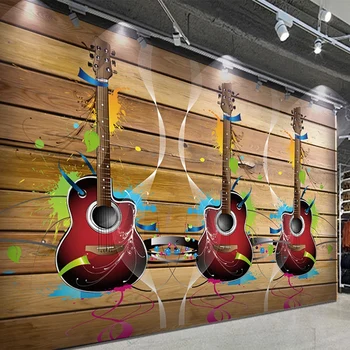 Vlastné 3D Tapeta Retro drevená Doska Gitarová Hudba nástenné Maľby Reštaurácia KTV Bar Pozadí Steny Dekor Tvorivé 3D Vintage Stenu Papier