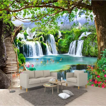 Vlastné 3D Zeleného Veľký Strom Lesa Vodopád Krajiny, Spálne, Obývacia Izba Dekorácie na Stenu Handričkou nástenná maľba Textilné Pozadie