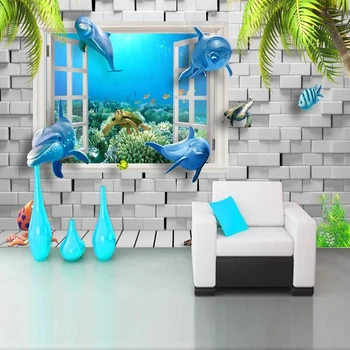 Vlastné Dolphin Podmorského Sveta 3D Stereoskopické Okno Nástenné Maľby Obývacia Izba Deti Miestnosti, Spálne, TV nástennú maľbu, Tapety